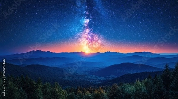 Fototapeta Majestic sunrise over a mountain range with a starry sky and vibrant colors illuminating the landscape