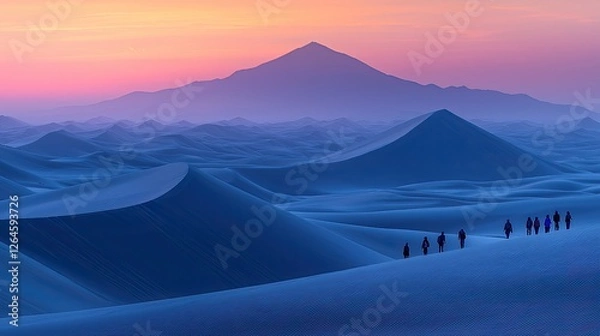Fototapeta Group of hikers traversing sand dunes at sunset with mountains in the background