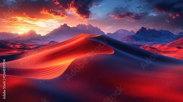 Fototapeta Stunning sunset over vast desert dunes with dramatic mountain backdrop and vibrant colors