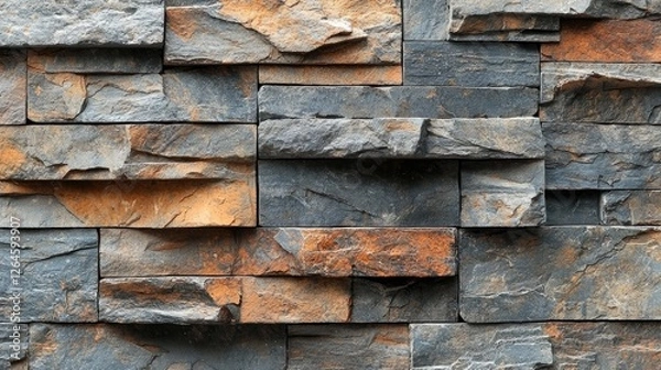 Obraz Close-up view of textured stone wall featuring layered slate tiles with earthy tones