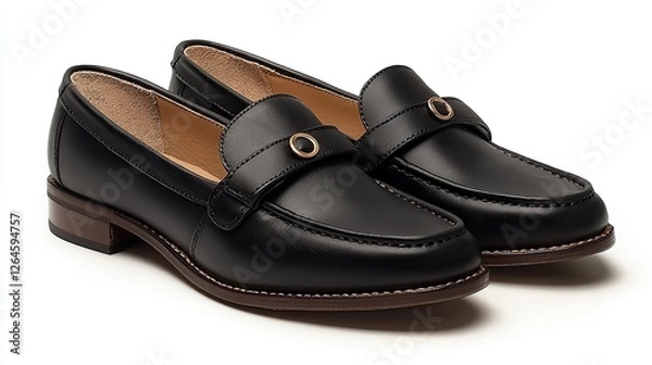 Obraz Elegant black leather loafers with a circular accent, showcased against a neutral backdrop