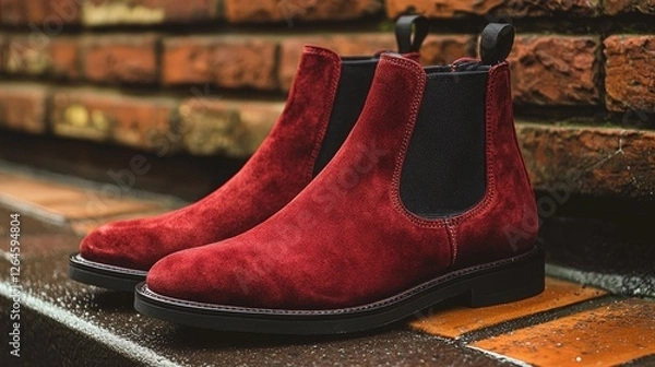 Obraz Stylish red suede Chelsea boots displayed on a wet pavement beside a brick wall, showcasing urban fashion