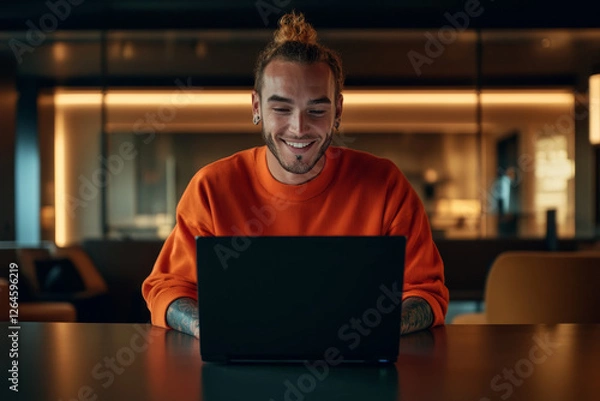 Obraz Young man enjoying leisure time while working on laptop in modern interior at night