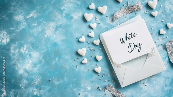 Obraz ホワイトデーのメッセージカードと白いハート | ターコイズ背景