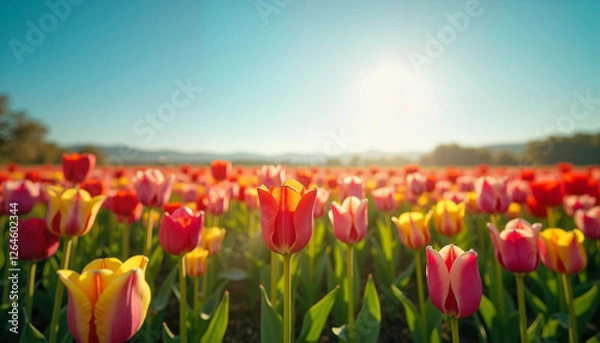 Fototapeta Vibrant Tulip Field Under Clear Sky, Nature, Multicolored, Spring Blossom