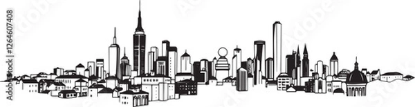 Fototapeta City landscape. Different buildings on street, outline cityscape hand sketch, flat houses. Hand drawn vector illustration