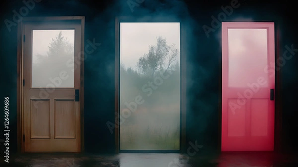 Fototapeta Three Mysterious Doors Beckoning Different Fates with a Misty Ambience and Varying Hues of Light