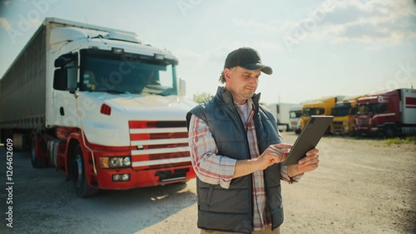 Fototapeta Handsome Caucasian trucker standing in front of long truck. Using tablet device while chatting with customer. Looking at camera and smiling with joy. Wearing baseball cap and warm vest.