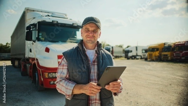 Fototapeta Handsome Caucasian trucker standing in front of long truck. Using tablet device while chatting with customer. Looking at camera and smiling with joy. Wearing baseball cap and warm vest.