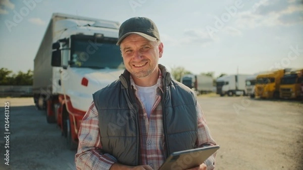 Fototapeta Handsome Caucasian trucker standing in front of long truck. Using tablet device while chatting with customer. Looking at camera and smiling with joy. Wearing baseball cap and warm vest.