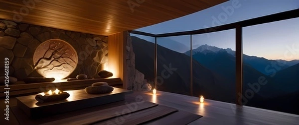 Obraz A tranquil yoga retreat nestled in the mountains promoting wellness and inner peace in a serene atmosphere