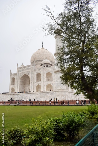 Fototapeta Amazing view of Taj Mahal which is among seven world wonders. Famous Indian Islamic heritage at cloudy day, Taj Mahal located at south bank of the Yamuna River