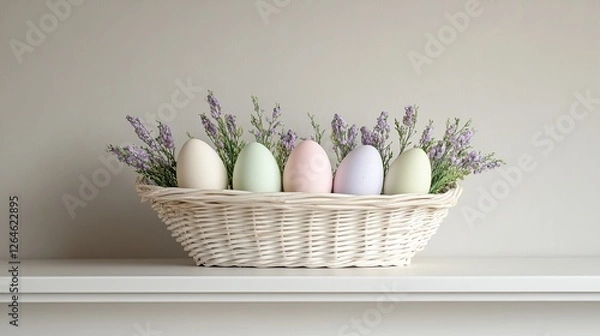 Fototapeta Pastel eggs, lavender, wicker basket, shelf, spring decor