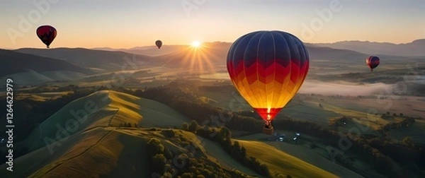 Fototapeta Colorful hot air balloons floating above a lush valley during sunrise creating a breathtaking scene of adventure and freedom