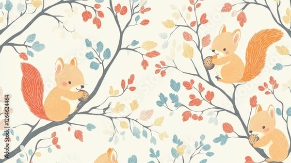 Fototapeta 101.A cute and energetic pattern featuring squirrels gathering nuts and playing in tree branches, highlighted by colorful foliage and soft, muted tones for a baby-friendly fabric design.