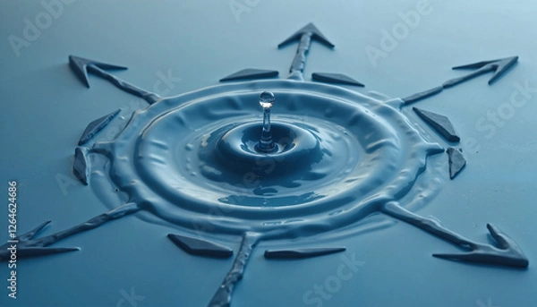 Fototapeta Water droplet creating ripples with arrows on blue surface