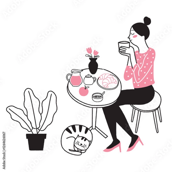 Fototapeta young Woman Enjoying Morning Breakfast in cafe