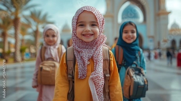 Obraz Smiling Muslim Children with Backpacks near Mosque