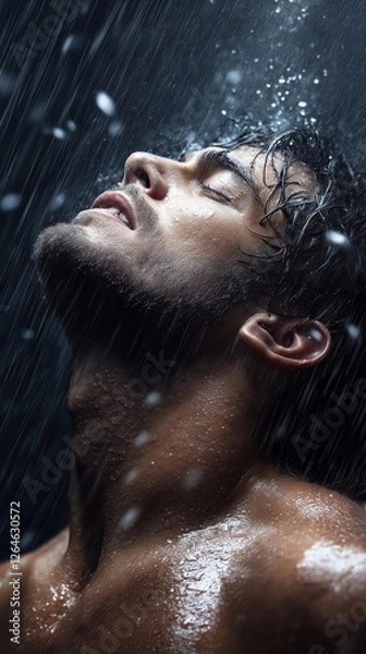 Fototapeta Man enjoying a refreshing rain shower while expressing deep emotion in a dark setting