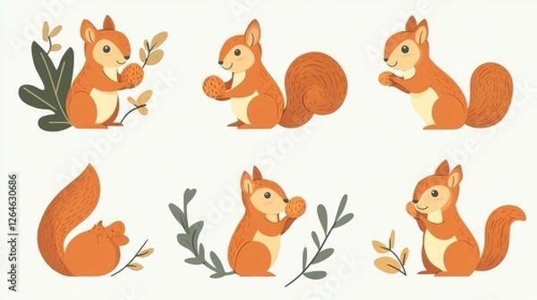 Fototapeta 53.A set of six flat-style squirrel cartoon illustrations, each showcasing a unique theme like climbing, eating, and playing, paired with nature-inspired details like leaves and nuts.