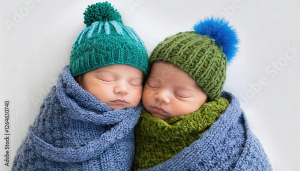 Fototapeta Two babies are wrapped in blankets and wearing hats