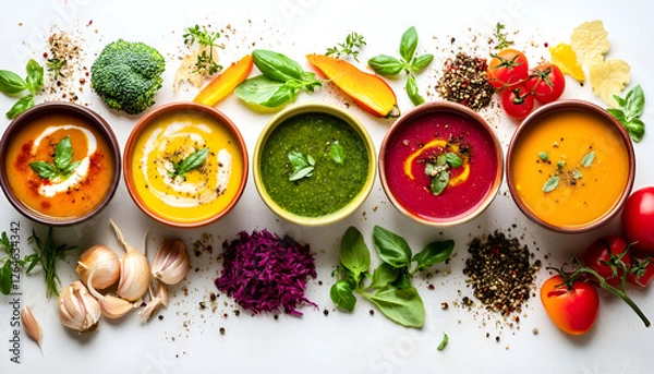 Fototapeta Autumn soups. Set of various seasonal vegetable soups and organic ingredients on white background. Homemade colourful seasonal vegan soups