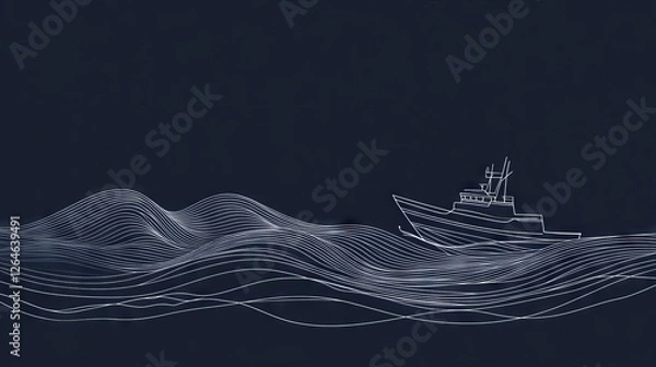 Fototapeta 111.A continuous single-line vector illustration of a ship cutting through the waves, symbolizing ocean travel and transportation. The one-line design creates a smooth, flowing motion, perfect for