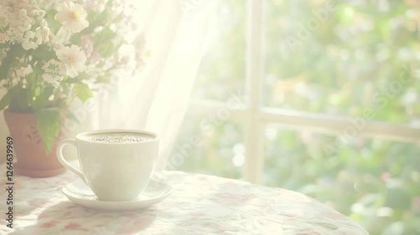 Fototapeta Warm Morning Coffee Near a Window with Flowers on a Round Table, Cozy Atmosphere and Floral Tablecloth