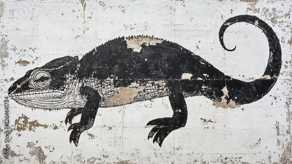 Fototapeta Intricate chameleon mural blends art with nature on textured wall in urban setting