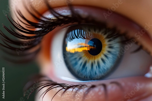 Fototapeta An eye’s intricate close-up details blend with the colors of a sunset