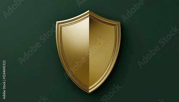 Fototapeta 3D gold shield with raised edges on a solid forest green background photorealistic