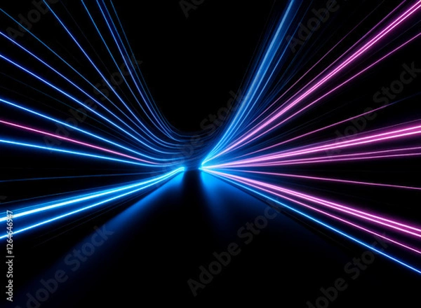 Fototapeta Dynamic streaks of blue and pink light converge in a central point against a stark black backdrop, creating a sense of speed and futuristic energy. The glowing trails appear to curve and accelerate to