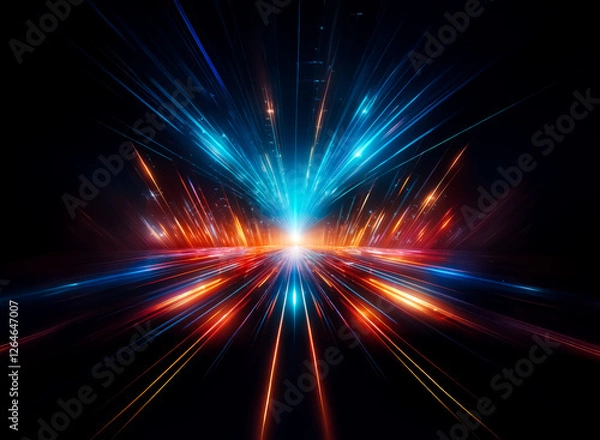 Fototapeta A burst of vibrant light streaks outwards from a central glowing point against a dark backdrop. Streaks of blue and orange radiate, creating an abstract and dynamic scene.