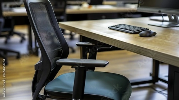 Fototapeta Empty office desk with vacant chairs, symbolizing layoffs and workplace downsizing. Concept of job loss, corporate restructuring, and economic uncertainty in modern business environment.