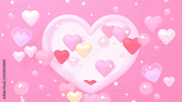 Fototapeta 3D render colorful hearts and bubbles on pink background.
