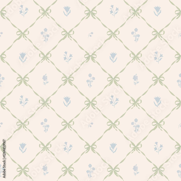 Obraz Beautiful vector coquette seamless pattern with damask print bows and classical vintage bouquet. Floral elegance print design for fabric, wallpaper or wrapping paper.