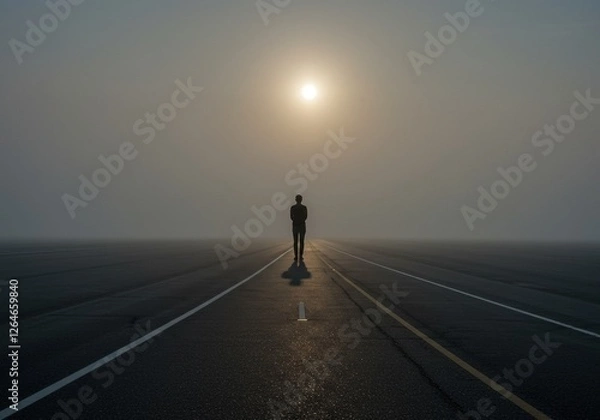 Obraz Lone Figure Walking on an Empty Misty Road at Sunrise - Atmospheric Solitude and Reflection Photograph