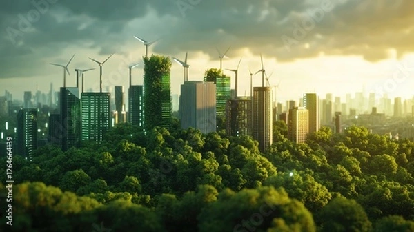 Fototapeta a green city surrounded by wind turbines and trees, landscape of a future city