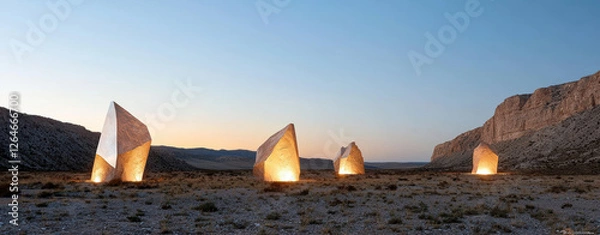 Fototapeta Serene landscape featuring geometric monoliths illuminated at dusk, surrounded by mountains and desert terrain