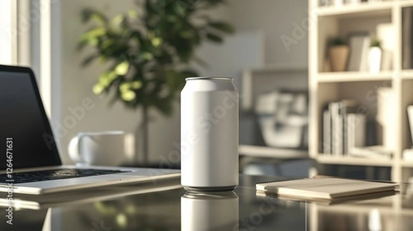 Obraz Minimalistic Workspace with Blank Can, Laptop, and Notepad