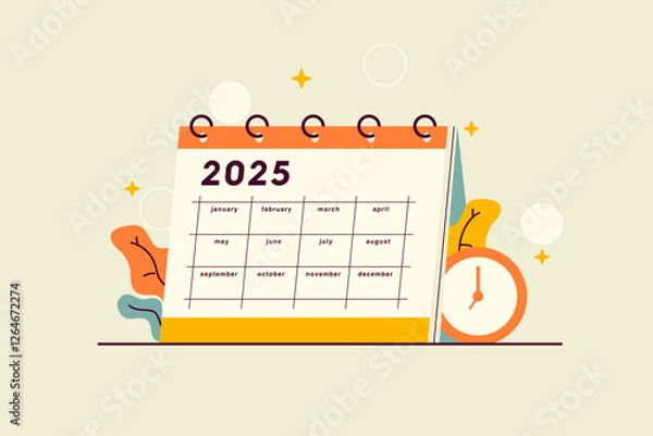 Fototapeta Vector illustration of 2025 calendar with clock icon. Desk yearly calendar with divider grid and place for notes. Concepts of planning, productivity and organization in business and personal use