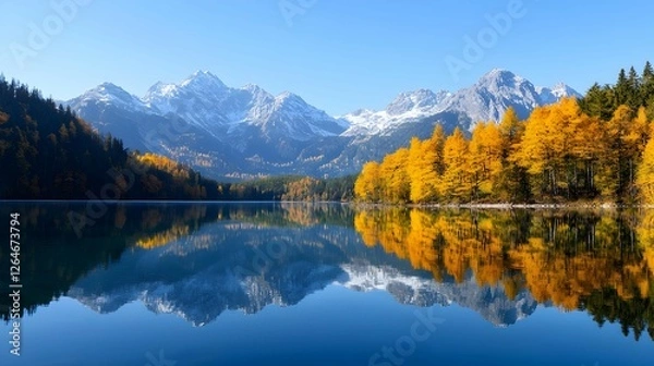 Fototapeta Autumn Lake Reflection with Snow-Capped Mountains