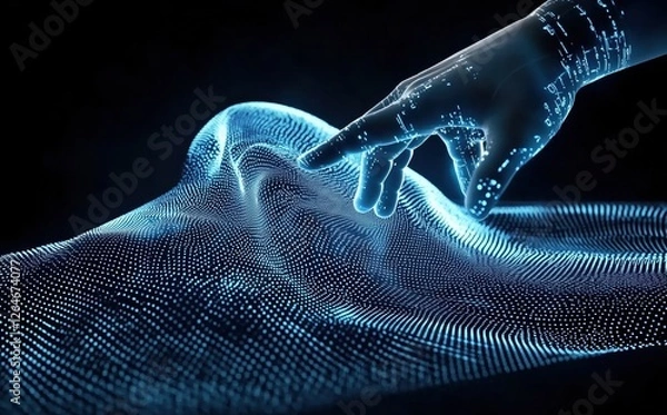 Obraz Illuminated Digital Hand Gesturing Towards Mesmerizing Fluid Waves in a Futuristic Void