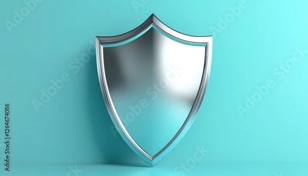 Obraz Silver-plated 3D shield on solid pastel blue background sleek and polished