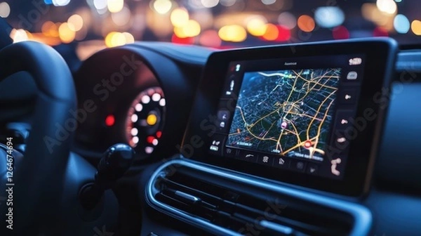 Fototapeta A close-up of smart car dashboard with modern navigation screen displaying interactive map and traffic updates