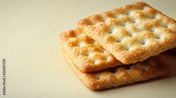 Fototapeta Delicious Crispy Crackers: A Close-Up Shot of Golden Brown Crackers Stacked on a Beige Surface
