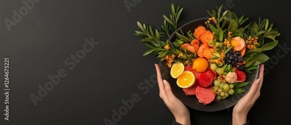 Fototapeta Minimalist Colorful Dessert Platter on Black Textured Surface - Exquisite Culinary Presentation for Upscale Events and -Worthy Food