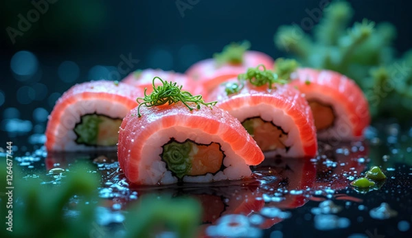 Fototapeta Glowing Translucent Sushi Rolls in Salmon Pink and Wasabi Green Floating in a Dark Aquatic Abyss with Neon Algae and Bioluminescent Bubbles