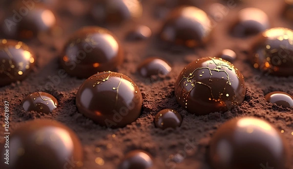 Obraz 3D Fractal Chocolate Bubbles with Liquid Gold Cracks Floating in Hyper-Detailed Cocoa Powder Foam with Ultra-Glossy Textures and Cosmic Purple Undertones