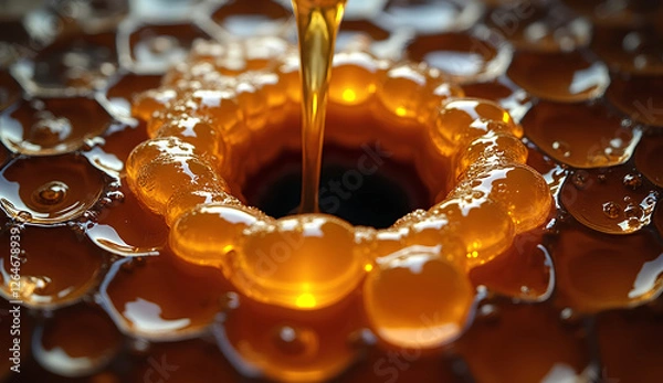 Obraz Hexagonal Tiles with Hyper-Realistic Honey Drips in Glowing Amber and Obsidian Black Surrounding a Black Hole-Like Void Oozing Metallic Royal Jelly